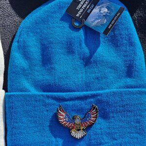 American Eagle Patched Knit Cuffed Beanie in Cobalt Blue.